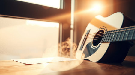 Acoustic guitar on wooden table in front of window with sun flare
