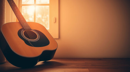 Acoustic guitar on wooden floor in front of window, vintage styleの写真素材