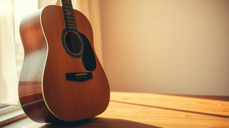 Acoustic guitar on a wooden table near the window in the room
