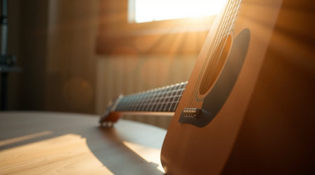 Acoustic guitar on a wooden table in the rays of the sunの写真素材
