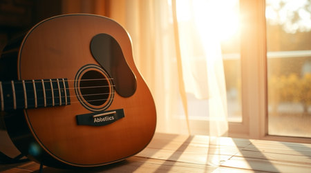 Acoustic guitar in the room with window and sunlight.の写真素材