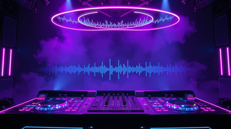 Dj mixer in nightclub with colorful lights and smoke on the backgroundの写真素材