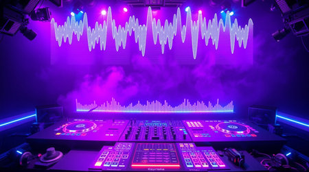 Dj mixer with sound waves and lights in nightclub. Nightlife concept