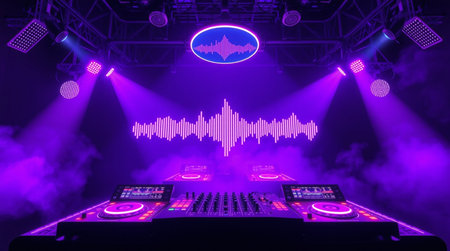 DJ mixer with sound effects and smoke on the background of the stage