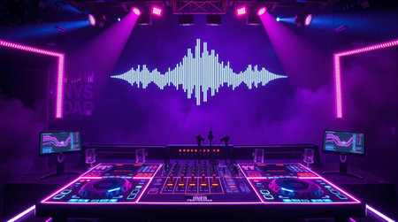 DJ mixer with sound waves and lighting effects in nightclub, close up
