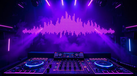 Dj mixer with sound waves and lights in nightclub. Music conceptの写真素材