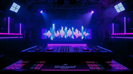 3D rendering of a stage with colorful lights and a mixer controller