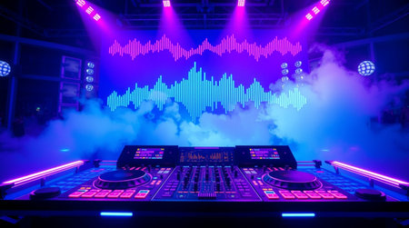 Dj mixes the track in the nightclub with colorful lighting and smoke