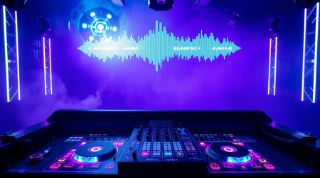 Dj mixer in nightclub with colorful lights, closeup of photo