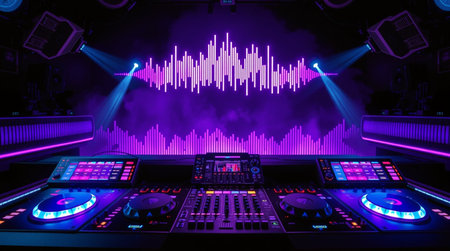 Dj mixer with colorful sound waves in nightclub. Nightlife concept