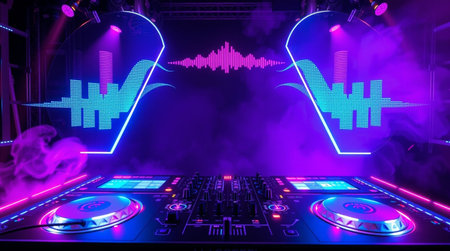 Dj mixer in nightclub with colorful lights and smoke, 3d rendering