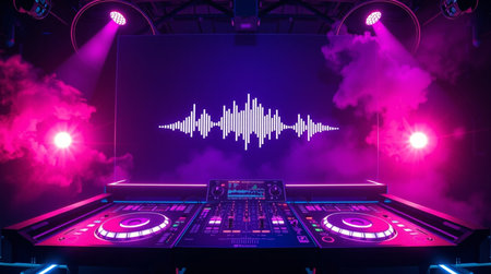 DJ mixer in nightclub with sound waves and light effects, close up