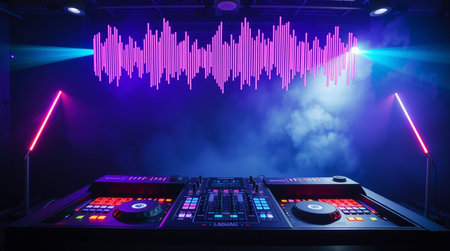 Dj mixer in nightclub with colorful sound waves and lighting effect.の写真素材