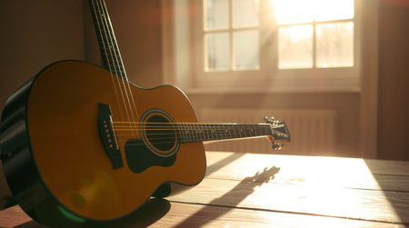Acoustic guitar on the wooden table in the room with sunlight.