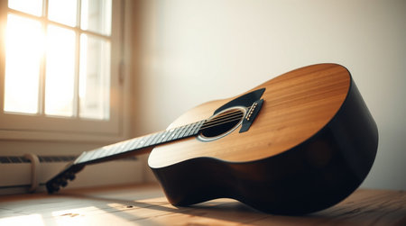 Acoustic guitar on the floor in the room with sunlight background.