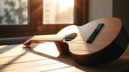 Acoustic guitar on wooden table in room, closeup. Musical instrument