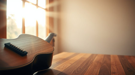 Acoustic guitar on wooden table in room with sunlight. Music conceptの写真素材