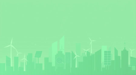 Green city background with wind turbines and solar panels. Renewable energy concept.の写真素材