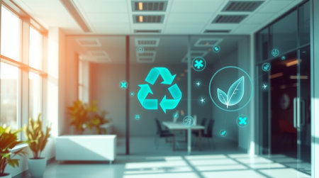 Recycling icon on blue office background. 3D Renderingの写真素材