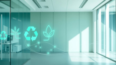 Glowing green recycling icon on empty office interior background 3D rendering