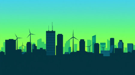 Silhouette of the city with wind turbines. Vector illustration.の写真素材