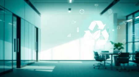 Recycling symbol on blurred office interior background. 3D renderingの写真素材
