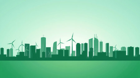 Ecology concept. Green city skyline with windmills. Vector illustration.の写真素材