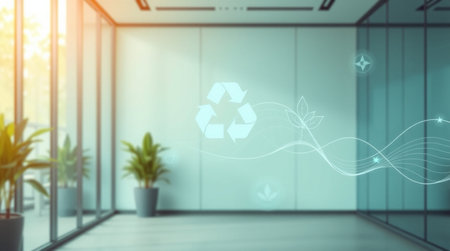 Recycling symbol on blurred office interior background. 3D renderingの写真素材