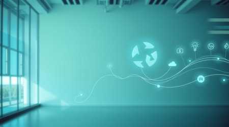 Futuristic abstract blue interior with glowing eco icons. 3D Renderingの写真素材