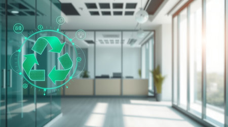 Green recycling icon on modern office background. 3d rendering mock upの写真素材