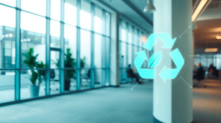 Recycle icon on blurred background. Ecology and environment concept. 3D Renderingの写真素材