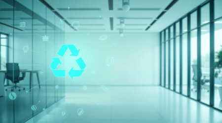 Glowing green recycling icon on blurred office interior background 3D renderingの写真素材