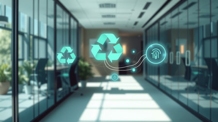 Recycling symbol on blurred office interior background. 3D renderingの写真素材