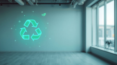Digital composite of Recycling icon with green light over empty roomの写真素材