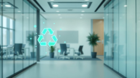 Recycle icon on blurred background of office interior. 3D renderingの写真素材