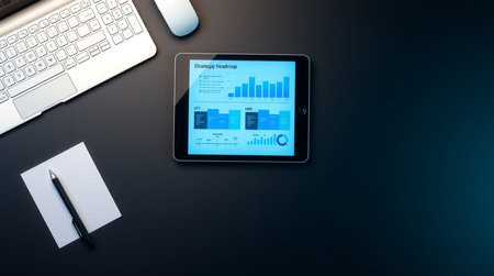 Tablet pc with financial charts on screen and office supplies on black table