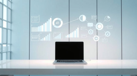Laptop on white table in office with double exposure of graphs and charts