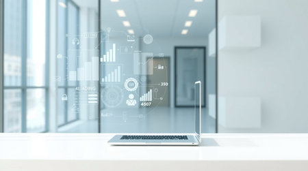 Laptop with business icons and blank screen on white desk in office 3D renderingの写真素材