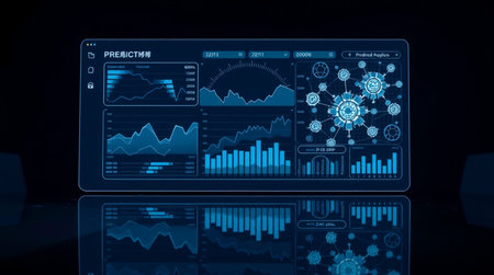 Futuristic virtual graphic touch user interface showing business analytics and statistics