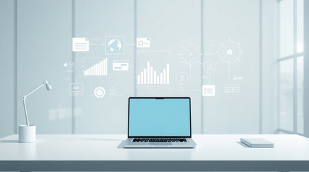 Laptop with blank screen on white table in office environment 3D rendering