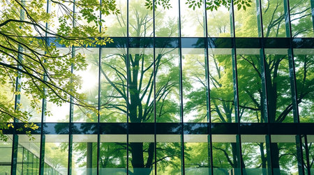 Reflection of trees in glass windows of modern office building, abstract background