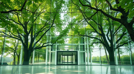 Reflection of trees in glass wall of a building in the park