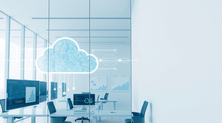 Cloud computing concept on modern office interior background. 3D Rendering