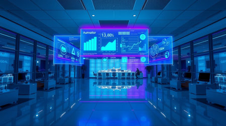 3D rendering of a modern office interior with business icons on the wallの写真素材