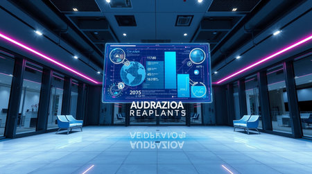 3D rendering interior of a modern office building with digital screen showing data analysis