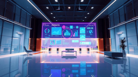 Futuristic office interior with hologram screens. 3d rendering