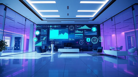 Interior of modern office with glowing business interface. 3d rendering
