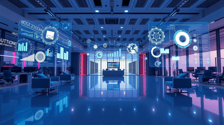 Modern office interior with digital business hologram. 3D Rendering