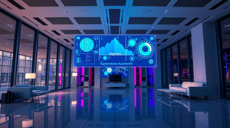 Hologram screen in modern office interior. 3D rendering.