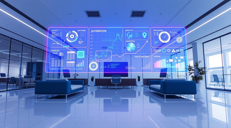 Futuristic interface in a modern office with blue and white walls
